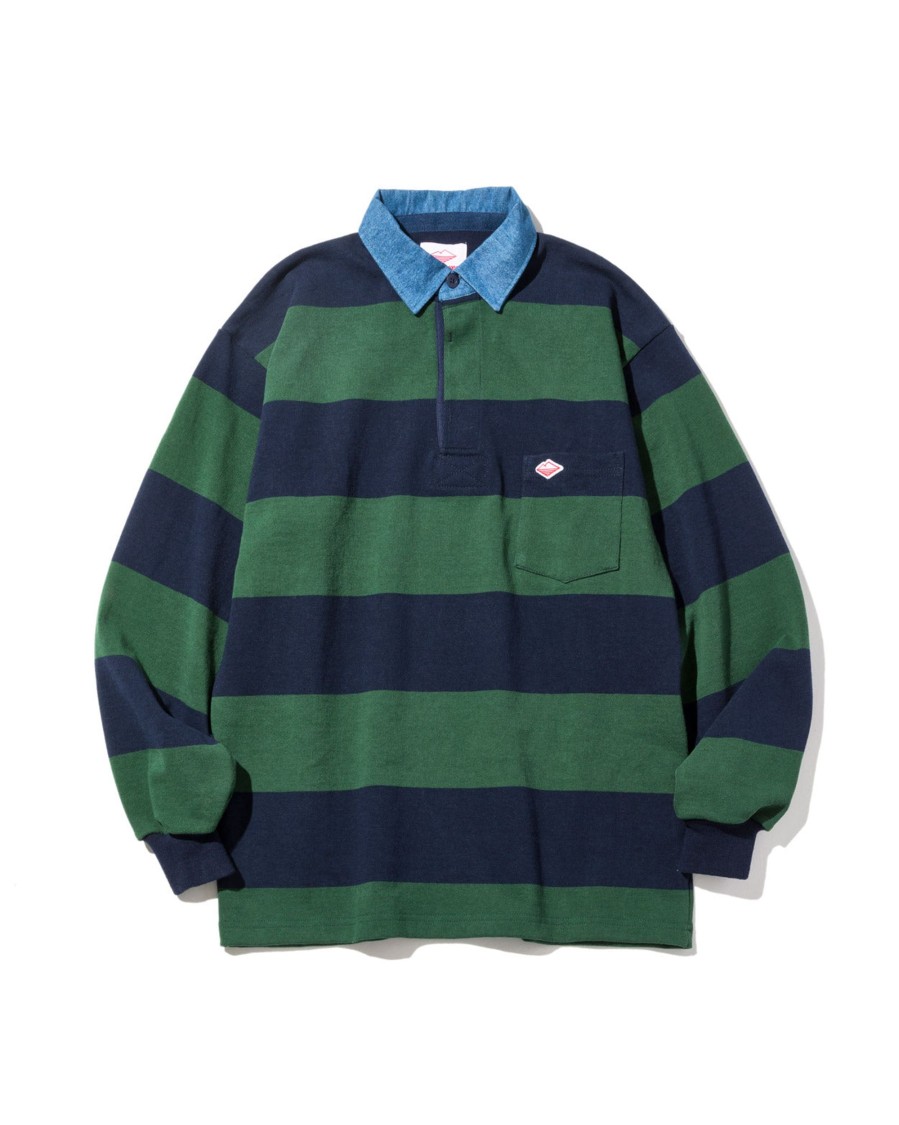 Men Battenwear Shirts | Pocket Rugby Shirt Green X Navy Stripe