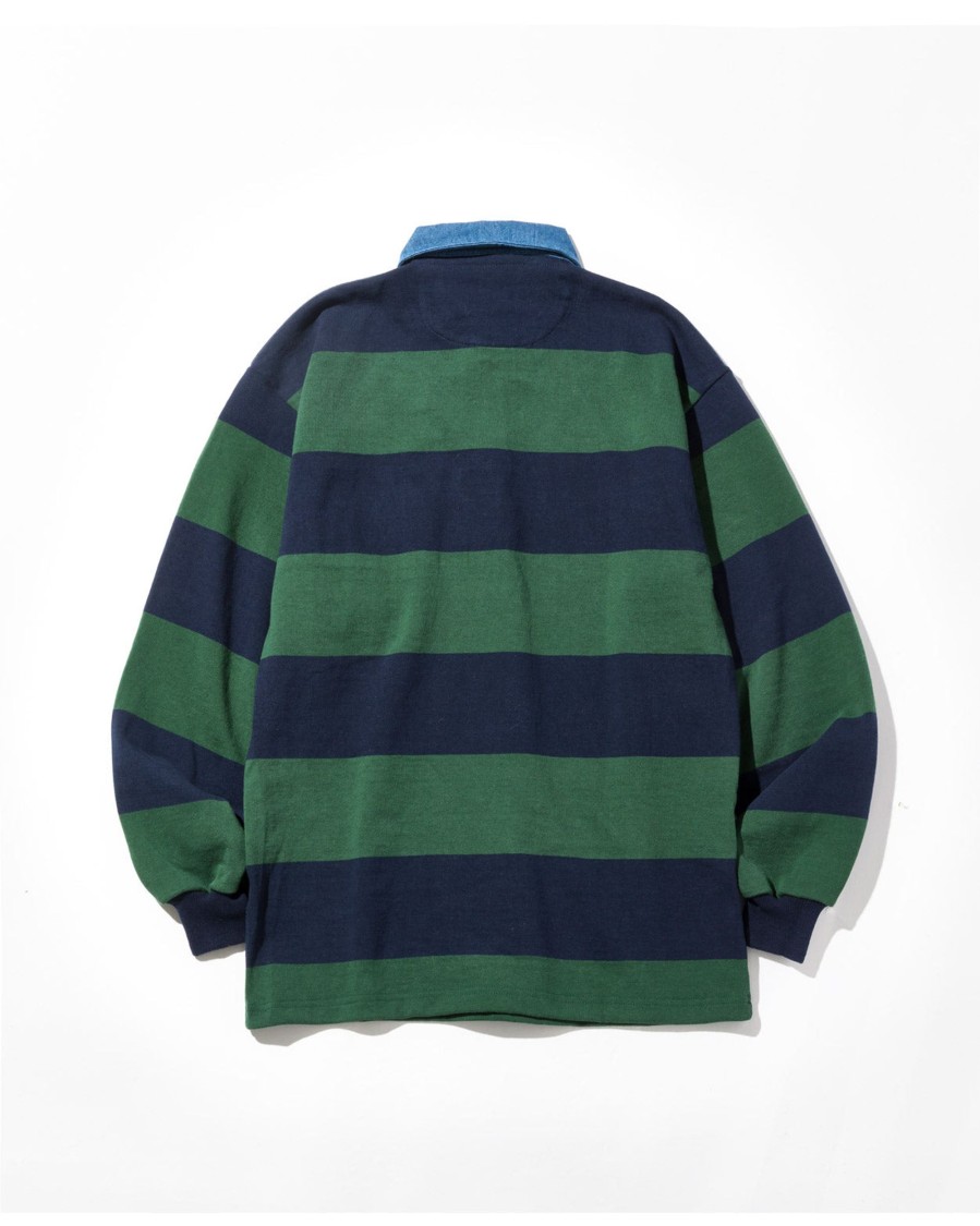 Men Battenwear Shirts | Pocket Rugby Shirt Green X Navy Stripe